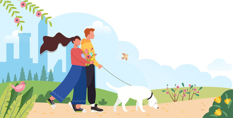 Couple walking with dog on spring or summer landscape vector illustration in flat style. Hello spring or summer template. Cartoon characters with dog on walk. Happy family walking over blooming trees.
