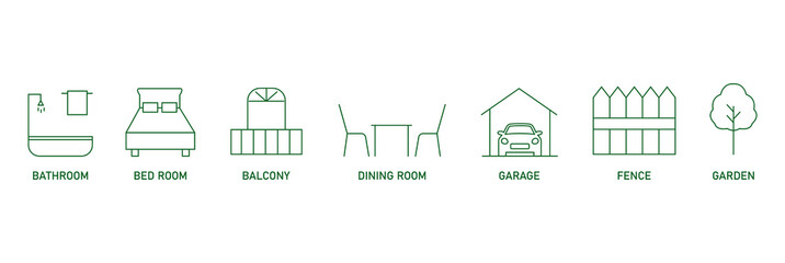 real estate icon set bathroom, bedroom, balcony, dining room, garage, fence, garden 