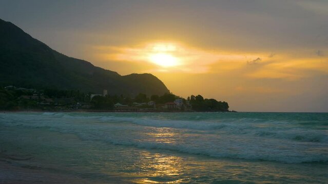 Sunset over the Beau Vallon Beach on the island of Mahe, Seychelles