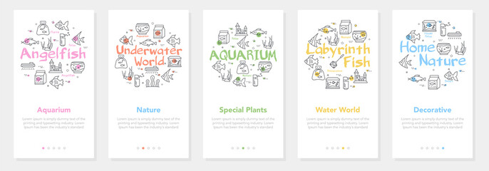 Set of water world vertical banners. Aqua world banner design. Fish and marine life vector illustration. Collection of fish life white vertical banners
