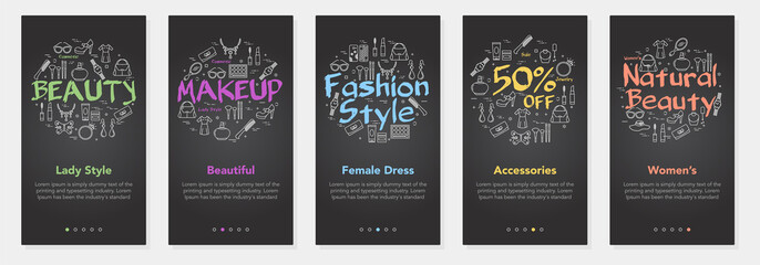 Womans fashion vertical black banners collection with linear vector illustrations and colorful typography