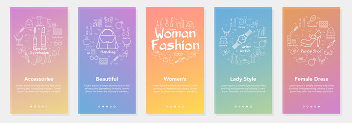 Womans fashion vertical color gradients banners collection with linear vector illustrations and colorful typography
