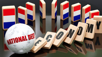 France and national debt, economy and domino effect - chain reaction in France set off by national debt causing a crash - economy blocks and France flag, 3d illustration
