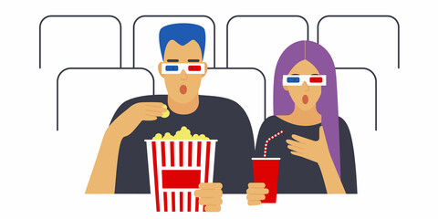 couple of young people in the cinema with food and drinks