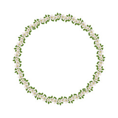 Round wreath of cherry or apple tree. Frame with white flowers. Spring blooming composition with buds and leaves. Festive decoration for wedding, holiday, postcard and design. Vector flat illustration
