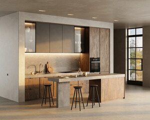 Elegant chic bohemian kitchen with natural materials. 
Wooden kitchen cabinet, concrete countertop, plaster walls, concrete floor. Scandinavian Boho interior with beautiful landscape view. 3d render