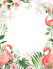 Template with colorful watercolor flamingos, tropic leaves and flowers on white background. Hand drawn frame design. Nature backdrop. Summer, spring decoration. For wedding designs, invitations, cards © Victoria Pak