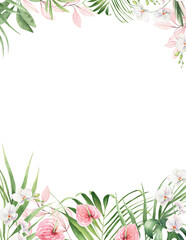 Fototapeta na wymiar Watercolor floral tropical frame with exotic flowers and palm leaves in summer style. Beautiful jungle foliage border on white background. Hand drawn template illustration for wedding designs, invit