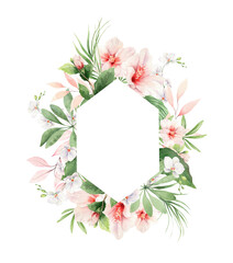 Watercolor tropical frame with exotic leaves and flowers for party invitations, sale posters, wedding cards and designs. Hand drawn template isolated on a white background.