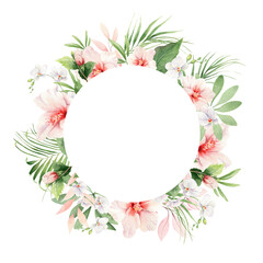 Watercolor tropical round frame with exotic leaves and flowers for party invitations, sale posters, wedding cards and designs. Hand drawn template isolated on a white background