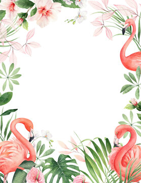 Template with colorful watercolor flamingos, tropic leaves and flowers on white background. Hand drawn frame design. Nature backdrop. Summer, spring decoration. For wedding designs, invitations, cards