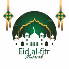 Happy Eid Al Fitr simple poster or banner with Ketupat illustration and Stars on white background premium vector