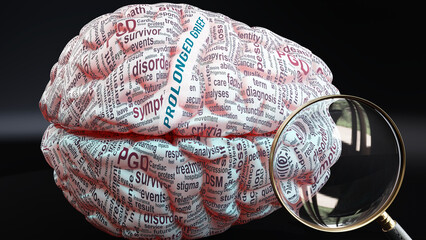 Fototapeta premium Prolonged grief in human brain, a concept showing hundreds of crucial words related to Prolonged grief projected onto a cortex to fully demonstrate broad extent of this condition, 3d illustration
