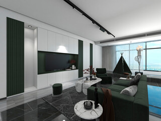 3D rendering, spacious living room design of modern residence, with sofa, tea table, decorative painting, etc