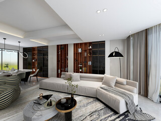 3D rendering, spacious living room design of modern residence, with sofa, tea table, decorative painting, etc