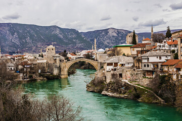 Beautiful view of old historical town Mostar with stone houses and mosque minaret, Unesco World...