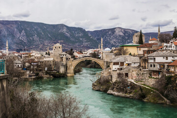 Beautiful view of Old Bridge and historical town Mostar, Unesco World Heritage Site, Mostar, Bosnia...