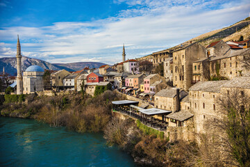 Beautiful view of old historical town Mostar with stone houses and mosque minaret, Unesco World Heritage Site, Mostar, Bosnia and Herzegovina