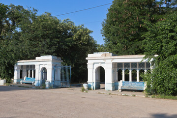 The main entrance to the former mud bath Moinaki on Polupanov street in the city of Evpatoria, Crimea