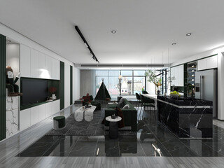 3D rendering, spacious dining room design next to the modern kitchen, with a beautiful dining table and greenery