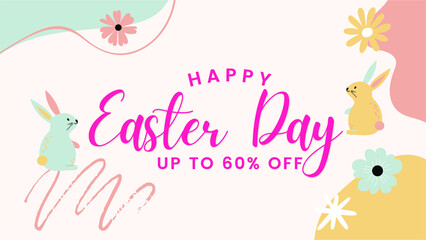 Happy Easter Sale banners, greeting cards, posters, holiday covers. Trendy design with typography, hand painted plants, dots, eggs and bunny
