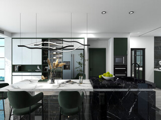 3D rendering, spacious dining room design next to the modern kitchen, with a beautiful dining table and greenery