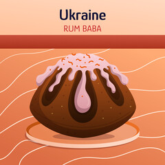 Ukrainian ethnic cuisine composition with rum baba cake. Traditional confectionery dessert. Concept flat hand drawn vector illustration. Food dishes art.