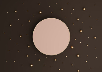 Dark brown 3D rendering luxury product display podium or stand minimal to view flat lay composition with gold and golden marbles drops simple background from above