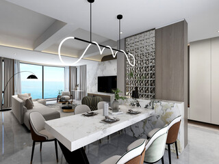 3D rendering, spacious dining room design next to the modern kitchen, with a beautiful dining table and greenery