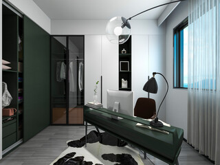 3D rendering, spacious modern residential study design, with laptop