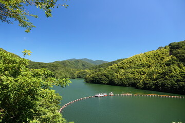 Obraz na płótnie Canvas 青空の下の山の中のダム湖 