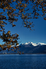 vista sul lago maggiore da Locarno, con montagne sullo sfondo e foglie di un albero a dare profondit&agrave;
