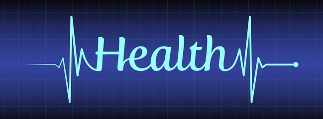 Ecg, ekg line, health text design on blue medical background. Healthy heart symbol to use in health industry, cardiology, medical care, hospital, health science projects. 