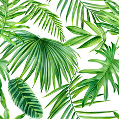 Obraz na płótnie Canvas Seamless watercolor illustration of tropical leaves, jungle. Pattern with tropical texture background, wrapping paper