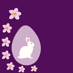 Purple Easter egg, white rabbit, sakura flowers on lilac background. Festive drawn illustration, vector eps 10