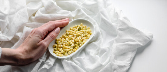 Organics fresh Baby Green Bean Sprouts in white ceramic bowl on a dark concrete background