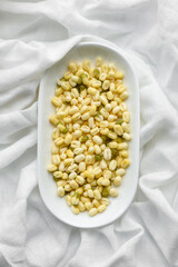 Organics fresh Baby Green Bean Sprouts in white ceramic bowl on a dark concrete background