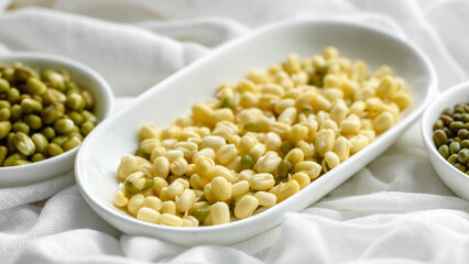 Organics fresh Baby Green Bean Sprouts in white ceramic bowl on a dark concrete background