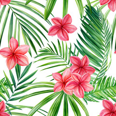 Fototapeta na wymiar Tropical plumeria flowers and palm leaves, watercolor botanical illustration. Exotic seamless patterns.
