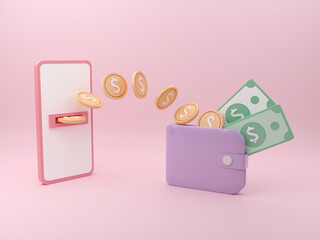 save money online on mobile phone. 3d render illustrator. business and financial management. banking service technology smartphone. coin payment digital wallet.