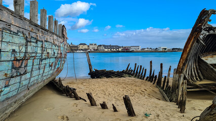 Carcass of boats in a boat cemetery in Brittany in France in February 2022