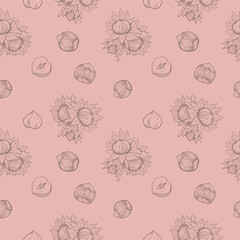 Seamless pattern Hazelnut several fruit nuts and leaves and kernels. Pink background for packing hazelnut or chocolate, pasta