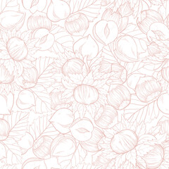 Seamless pattern Hazelnut many fruit nuts and kernels in sketch style. Pale pink background for packing hazelnut or chocolate, nut paste