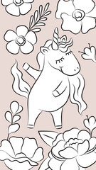The unicorn dances among the flowers. Delicate background with cartoon unicorn, bookmark for planner