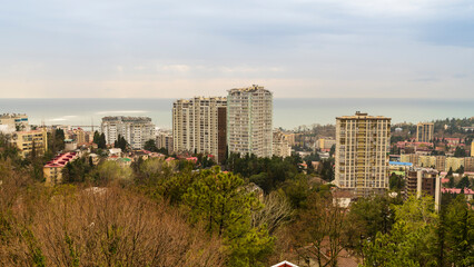 Sochi, Russia - April 10, 2022 Panorama of the city from the observation deck on Mount Battery