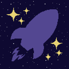 Obraz na płótnie Canvas Pixel rocket. Cartoon rocket with stars. Pixel art style 8 bit. 