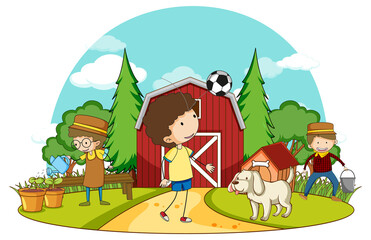 Obraz na płótnie Canvas A simple barn with kids in nature background