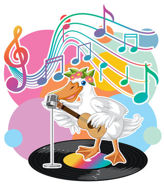 Singer duck cartoon with music melody symbols