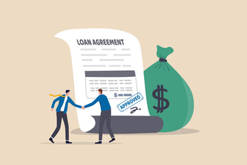 Loan agreement borrow money from bank, mortgage, debt or obligation to pay back interest rate, personal loan or financial support concept, businessman shaking hand with loan agreement and money bag.