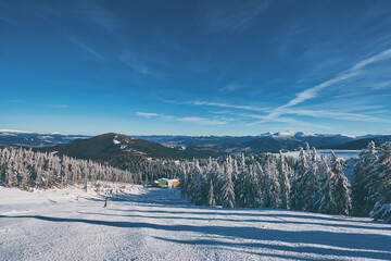 Beautiful white winter wonderland mountain scenery in the Carpathian with traditional houses. Snowy...
